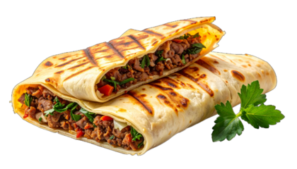 Two grilled tortilla wraps, one cut open, filled with seasoned meat, fresh green herbs, and red vegetables. The wraps have grill marks.