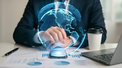 Businessman using smartphone with holographic globe projection, global business technology and digital innovation concept - Powered by Adobe