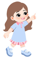 Happy girl in a blue dress pointing upwards with a cheerful expression, isolated on a white background