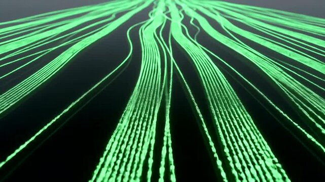 Futuristic digital data stream visualization with binary code, neon green lines - Powered by Adobe