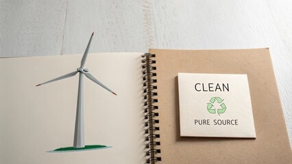 Clean Energy Concept with Wind Turbine and Recycle Symbol on Notebook Page Promoting Sustainability and Environmental Awareness