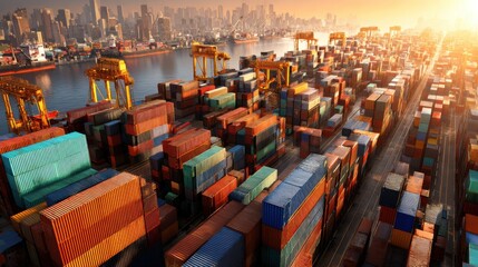 Busy shipping port at sunset with colorful cargo containers and cranes overlooking a city skyline in the background