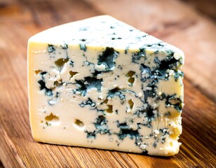 Close-up of a blue cheese wedge on a wooden board