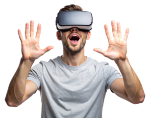 Young Man Wearing Virtual Reality Glasses Looking Up, Excited Expression, Isolated on Transparent Background