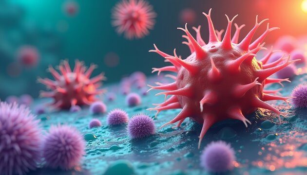 Red spiky virus particles and purple spherical microbes on blue surface image