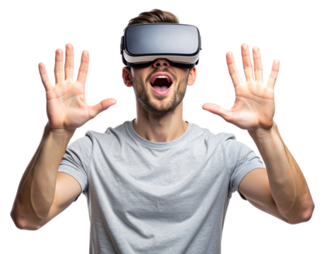 Young Man Wearing Virtual Reality Glasses Looking Up, Excited Expression, Isolated on Transparent Background - Powered by Adobe