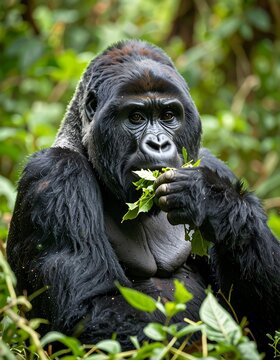 Close-up of a gorilla eating leaves in jungle