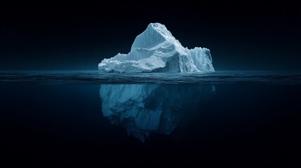 Obraz premium Iceberg floats at sea, reflection shows subsurface, with dark background, for environmental or climate change visuals