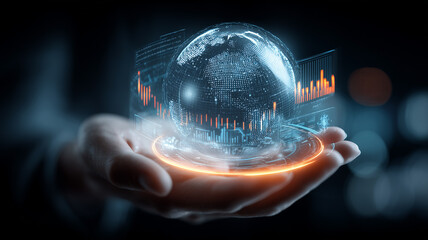 A holographic globe with analytics panels hovering over a hand representing business intelligence and informed decisions, conveying the concept of data driven strategy forecasting 