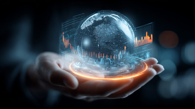 A holographic globe with analytics panels hovering over a hand representing business intelligence and informed decisions, conveying the concept of data driven strategy forecasting 