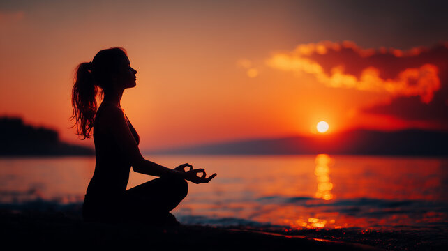 Person meditating by the sea at sunset illustrating mindfulness and the concept of inner balance stress relief and holistic wellbeing.
 - Powered by Adobe