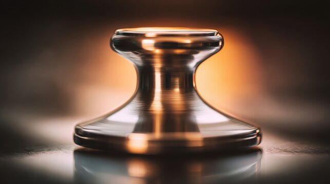 Elegant metallic spinner toy with smooth surface reflecting warm light, showcasing craftsmanship and design in a close-up view