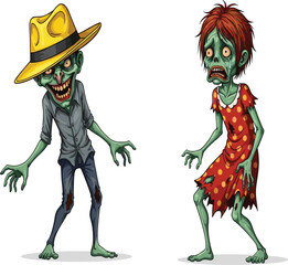 Cartoon zombie couple illustration, creepy undead characters, scary Halloween artwork, spooky monster drawing, horror zombie costume design, funny cartoon zombies, playful undead art