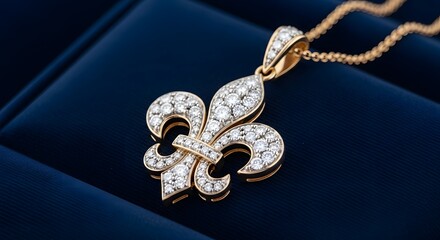 Fototapeta premium Elegant Diamond Fleur-de-lis Pendant on a Gold Chain, Symbol of Royalty and Purity