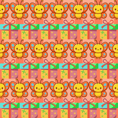 Playful seamless pattern print of butterflies and gifts for kawaii wallpaper fabric tileable design for wrapping