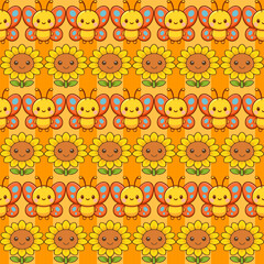 Playful seamless pattern of butterflies and sunflowers fabric print for kawaii wallpaper tileable design in bright environment