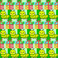 Playful seamless pattern of caterpillars and gift boxes fun fabric print for wallpaper and wrapping vibrant tileable design