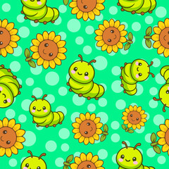 Playful caterpillar and sunflower seamless pattern fabric print for wrapping wallpaper and tileable designs