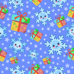 Playful seamless pattern of snowflakes and gifts for fabric wrapping wallpaper and tileable prints