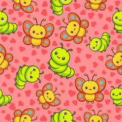 Playful kawaii seamless pattern print of caterpillars and butterflies for fabric wallpaper tileable design