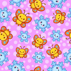 Playful seamless pattern print of bees and butterflies fabric wallpaper design kawaii style tileable fun environment