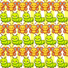 Playful seamless pattern of kawaii butterflies and caterpillars for wallpaper fabric and print in bright colors