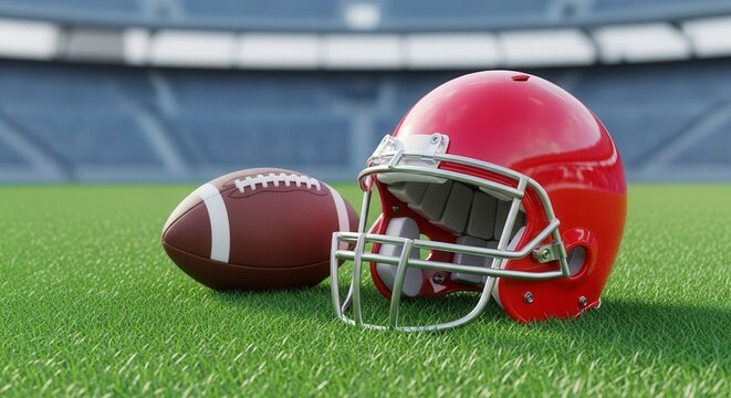 American football helmet and ball on a stadium field