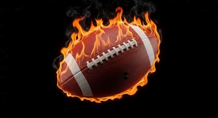 American football on fire with flames against a black background