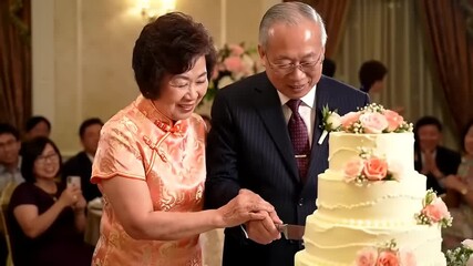 Elderly Couple Cutting Wedding Cake.