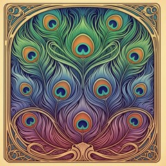 Fototapeta premium Art Nouveau Peacock Feathers Pattern with Ornate Frame and Swirling Designs