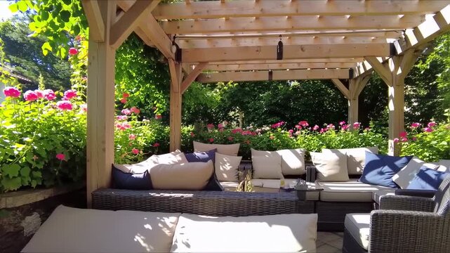 Luxurious Outdoor Living: A Tranquil Garden Retreat with Pergola and Stylish Patio Furniture