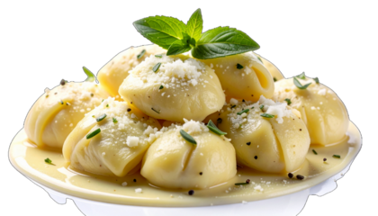 A pile of cappelletti pasta, topped with grated parmesan cheese, fresh basil leaves, and black pepper, served on a creamy sauce.