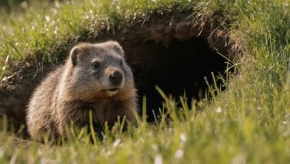 Fototapeta premium Groundhog emerging from burrow