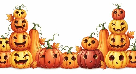 Fototapeta premium Cute Halloween Pumpkins Stacked with Funny Faces, Autumn Leaves, White Background