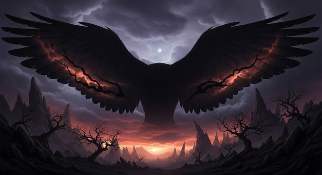 Giant Black Bird Wings Spreading Over Dark, Rocky Landscape at Sunset