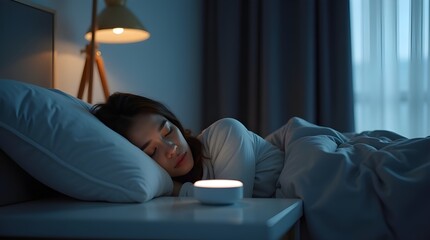 Fototapeta premium A woman is sleeping peacefully in a bedroom that integrates future technology for enhanced wellness.