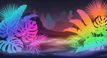 Rainbow Tropical Foliage - Vibrant Jungle Scene with Colorful Plants.