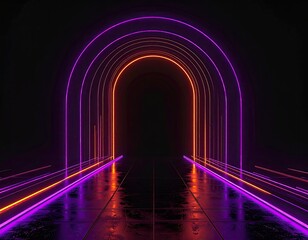 Neon arches glow in a dark, futuristic tunnel setting
