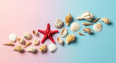 Red Starfish and Seashells Collection on a Pink and Blue Background.
