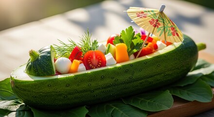 Refreshing Cucumber Boat Salad with Colorful Vegetables and Mini Umbrella.