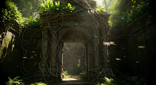 Ancient Temple Ruins, Jungle Gate Lost Civilization, Nature Overgrowth