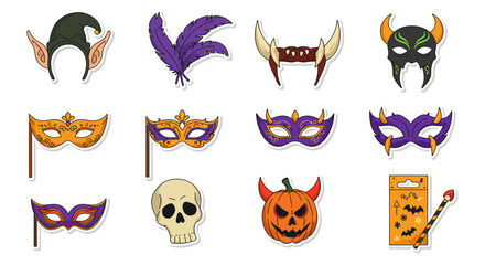 Halloween costume props featuring masks horns and skeleton head perfect for party decorations and spooky season celebrations.
