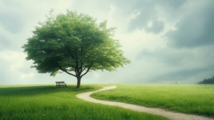 Fototapeta premium Tranquil countryside path with a lone tree