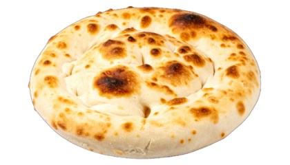 A circular flatbread featuring a swirled center, with a golden-brown spotted crust and a soft, doughy texture.