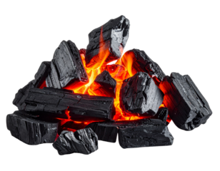  Glowing Pile of Hot Burning Coal with Orange Flames, Isolated on White 