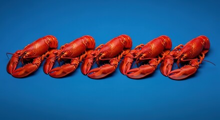 Row of Five Vibrant Red Lobsters Against a Deep Blue Background