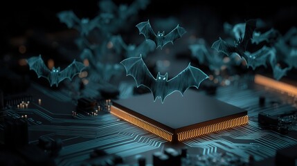 halloween technology concept. Digital bats flying over a circuit board in a dark setting.