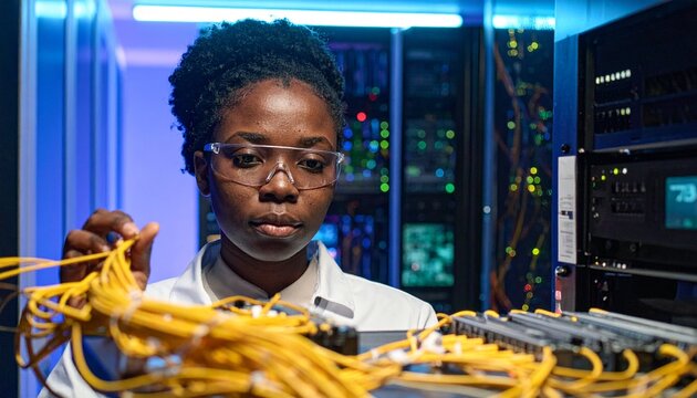 A young, Black female technician wearing safety glasses works with yellow cables in a server room, inspecting and managing the network infrastructure.
