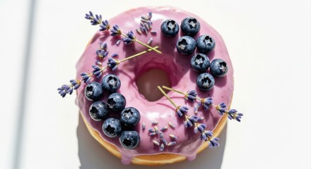 Vibrant Artisan Blueberry Lavender Donut with Light Purple Glaze, Candied Lavender, and Fresh Blueberries, Bright Studio Photography, Isolated on Clean White Background