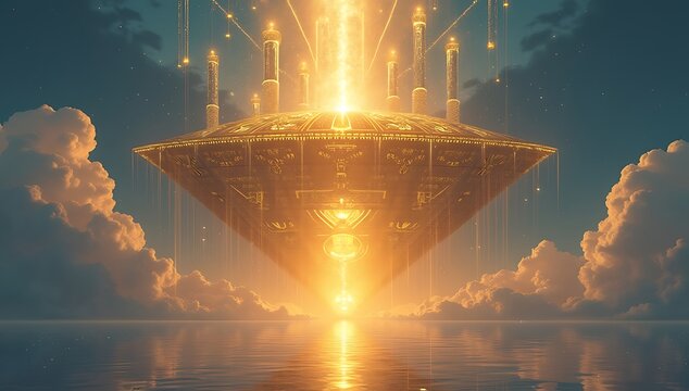 A golden hall floating in the sky with glowing runes and glitch distortions, abstract depiction of Valhalla without figures, symbolizing eternal afterlife and honor.